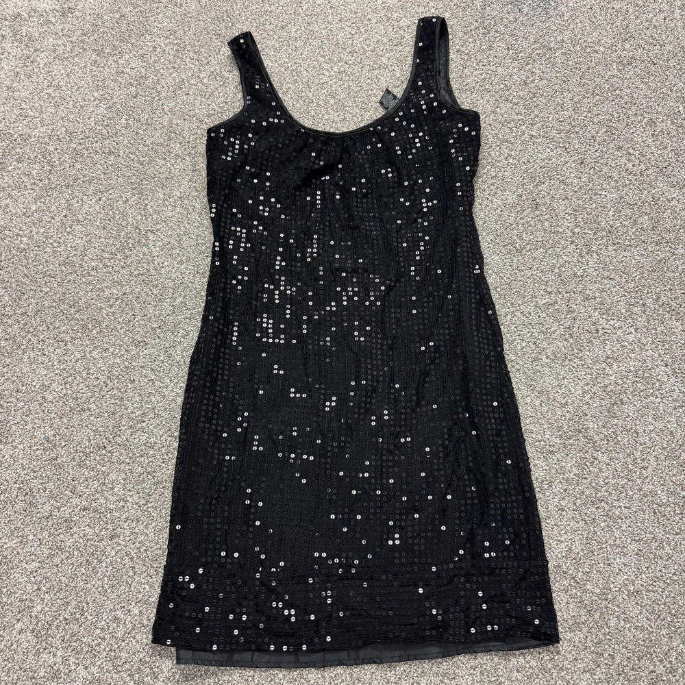 Y2K New York & Company Dress Womens 4 Black Sequin Sleeveless Scoop Sheath Party